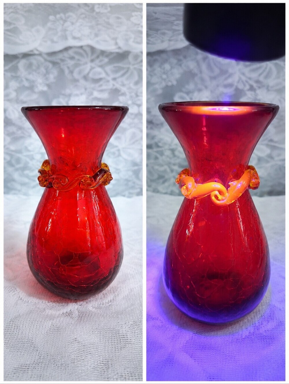 Vintage Ruby Blenko Crackle Glass Vase with UV Reactive Band and Rim